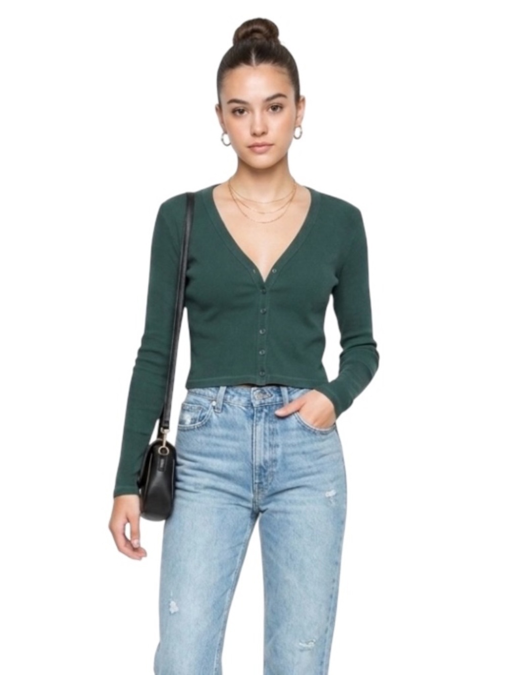 Brandy Melville Cropped Ribbed Cardigan OS Forest Green Clean Girl Y2K 90s